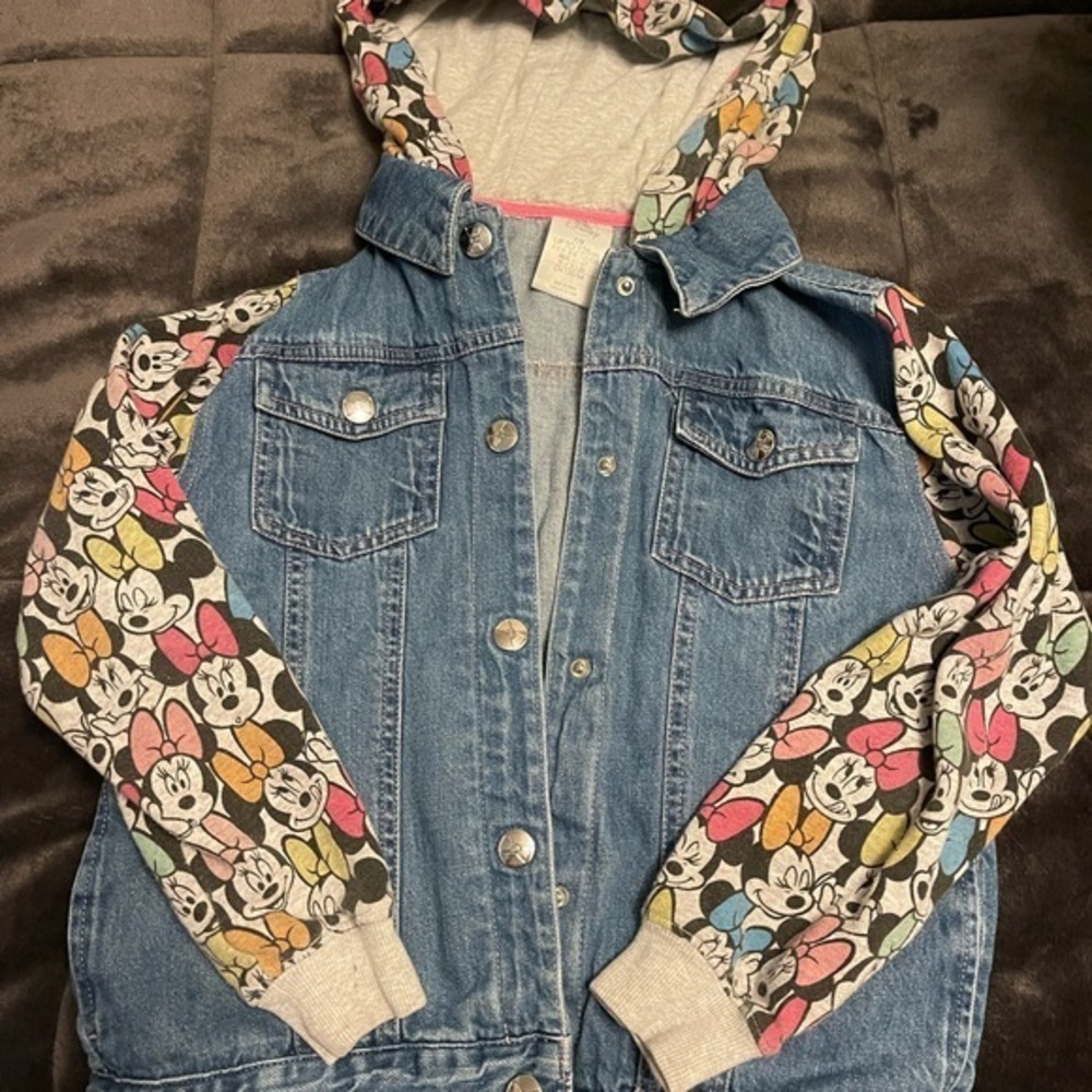 Disney Parks Girls Hooded Minnie Mouse Ears Denim Jacket Size 7/8